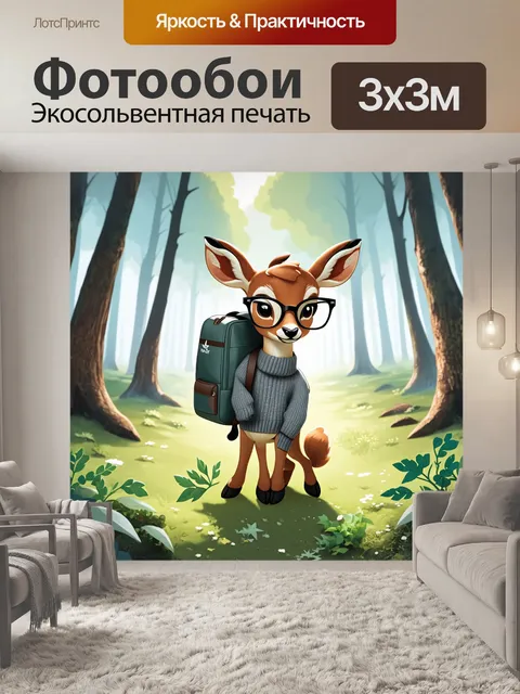 Фотообои оленёнок в сером свитере и модных очках с рюкзаком, полным зелени, мечтает о приключениях