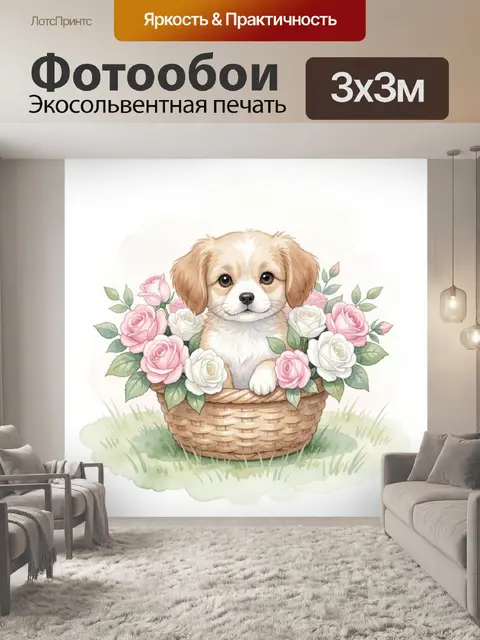 Фотообои Щенок в корзинке с розами