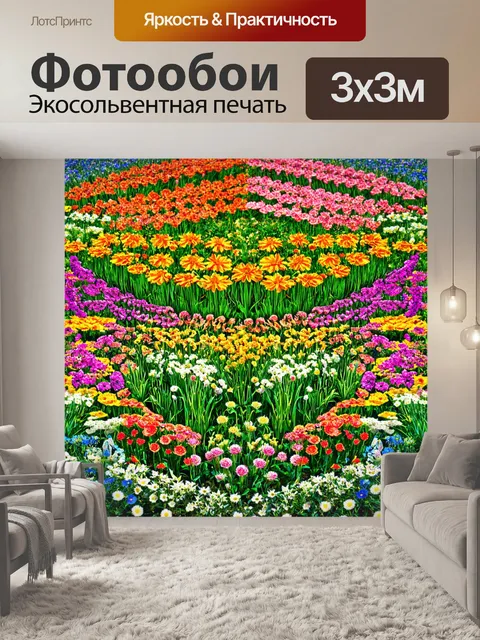 Фотообои природа в стиле раскраска, весенний сад с восхитительными цветами, расположенными в правильной симметрии