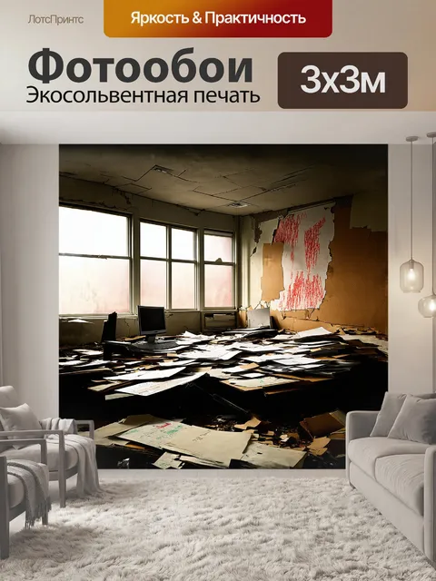 Фотообои разрушенный, заброшенный офис с разоренной мебелью и разбросанными документами