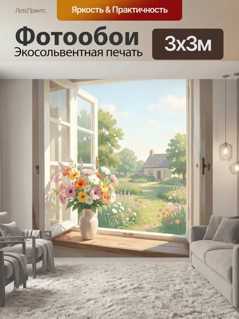 Фотообои Окно с букетом и садом