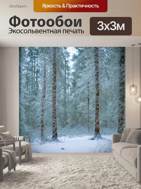 Фотообои зимний лес с снежными деревьями и покрытыми инеем ветками, создающими атмосферу уединения