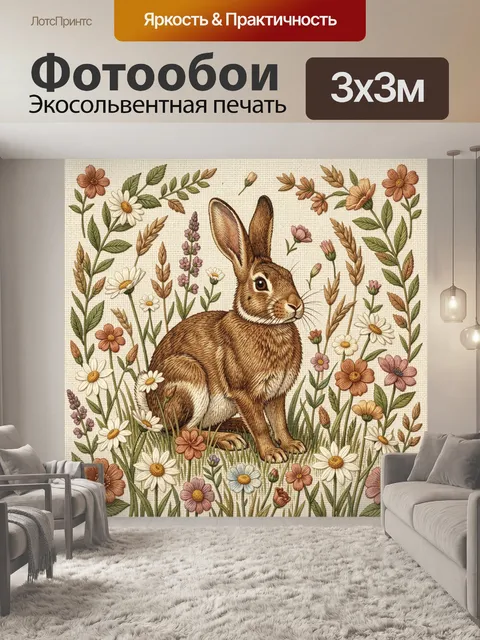 Фотообои Заяц среди полевых цветов