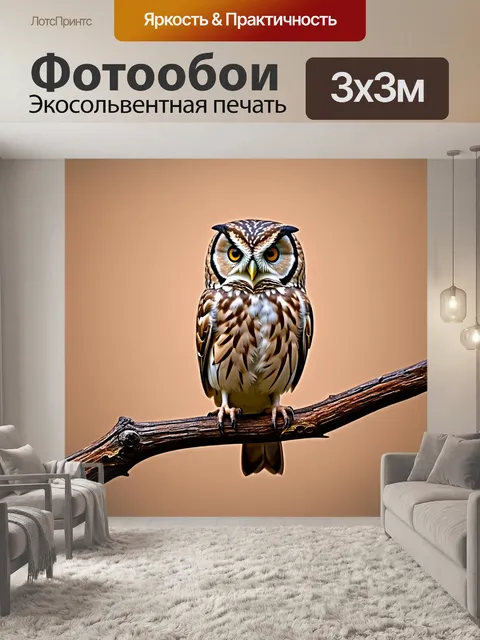 Фотообои животные в стиле минимализм с изображением мудрой совы на ветке, фактура дерева