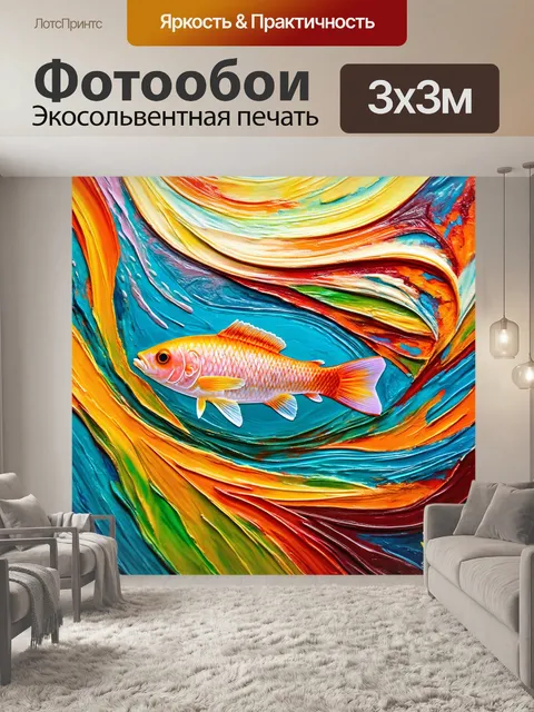 Фотообои цветная абстракция, изображающая движение рыбы в воде, струящиеся линии и формы, использованные в технике…