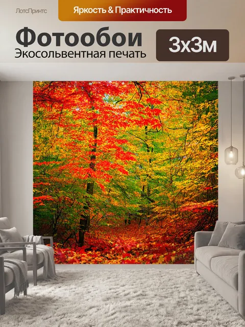 Фотообои лес с яркими цветами осени, красные и желтые листья