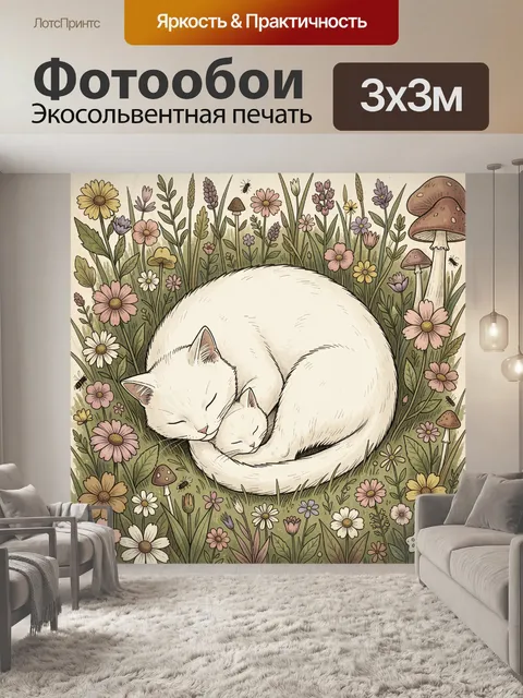 Фотообои Спящие белые коты в цветах