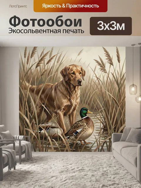 Фотообои Пёс и утка в камышах
