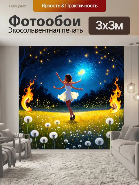 Фотообои светлячки, танцующие вокруг одуванчиков в ночное время, изображённые в технике цифровой живописи, создавая…