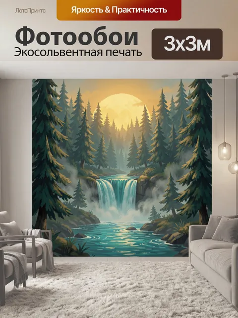 Фотообои Хвойный лес с водопадом и рекой