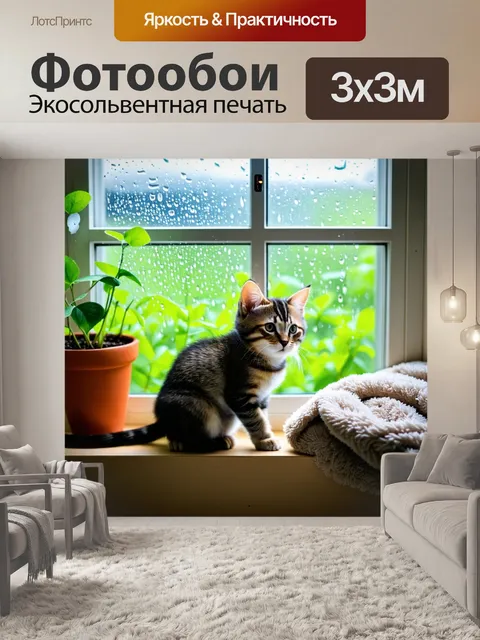 Фотообои с котенком, сидящим на подоконнике и смотрящим на дождь за окном, с зелеными растениями на