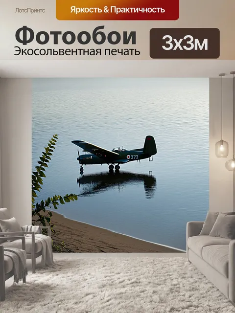 Фотообои ан-2, приземляющийся на берегу озера, отражая его силуэт в спокойной воде