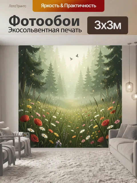 Фотообои Цветочная поляна в хвойном лесу