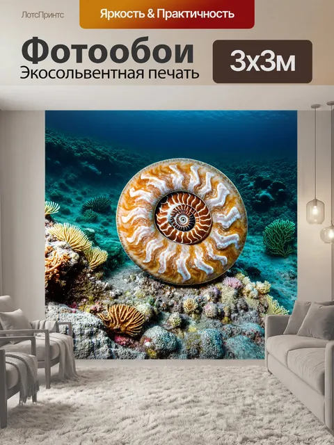Фотообои фотография аммонита на фоне скалистого морского дна