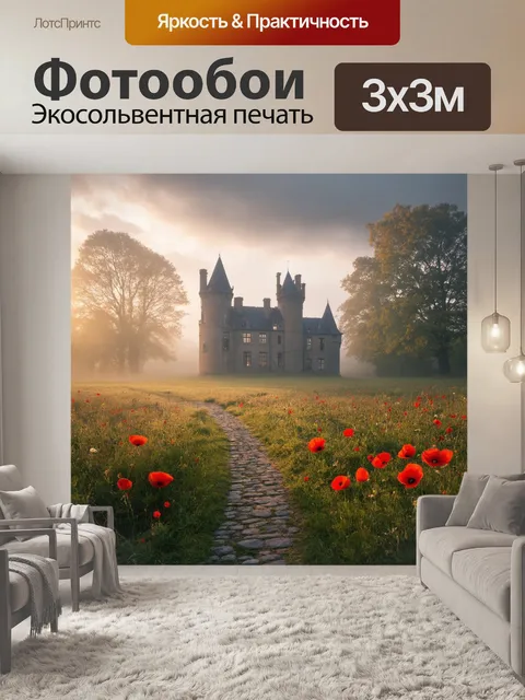 Фотообои поле буйной зелени, усыпанной мелкими красными маковыми цветами, лежит у окон старинного замка…