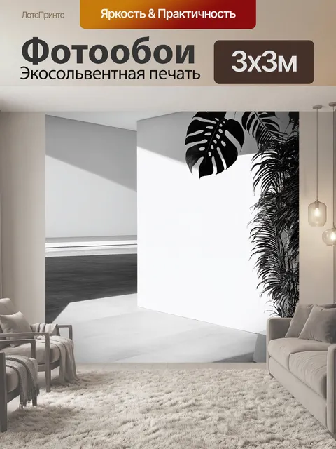 Фотообои пейзаж с белыми стенами и монохромной монстерой, ощущение пустоты и простоты