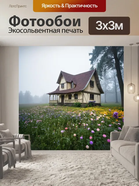 Фотообои туман, сказочный загородный дом в тумане, с цветами вокруг и лёгким светом