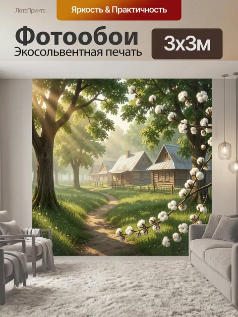 Фотообои Деревенские дома в солнечном лесу