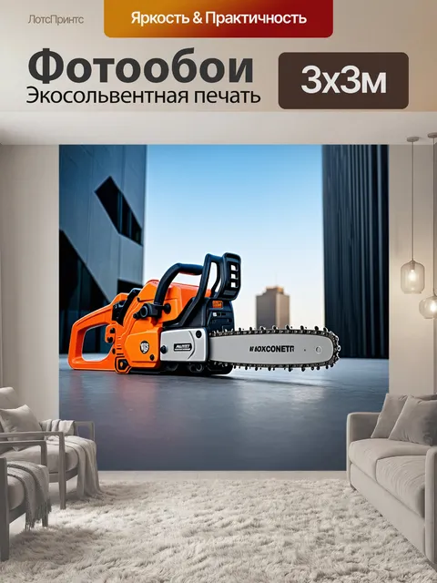 Фотообои бензопила, оформленная в стиле хай-тек, на фоне современных городской архитектуры с динамичными линиями