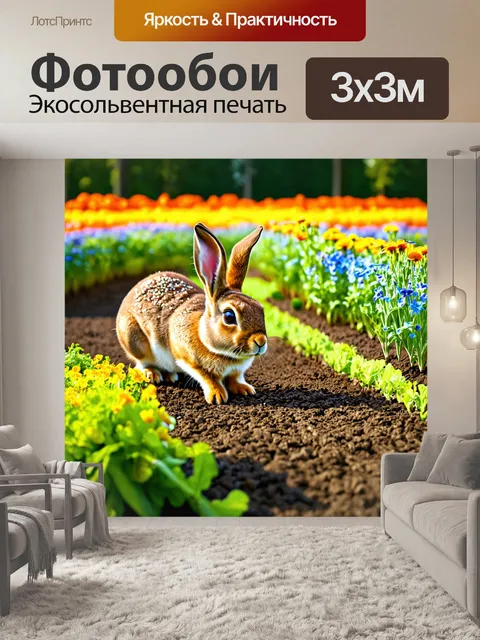 Фотообои заяц, работающий садоводом, активно ухаживает за морковными грядками и цветами