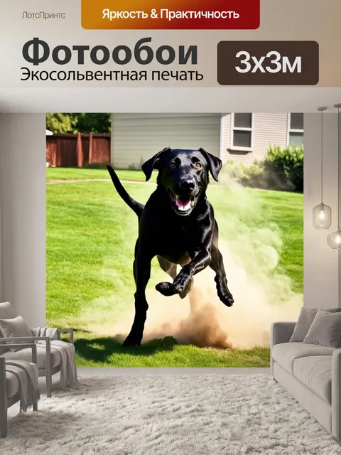 Фотообои черный лабрадор, играющий в облаках пыли на загородном заднем дворе, с идеально выраженной энергией и радостью