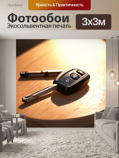 Фотообои ключи от автомобиля, аккуратно лежащие на столе из светлого дерева, с теплым мягким освещением