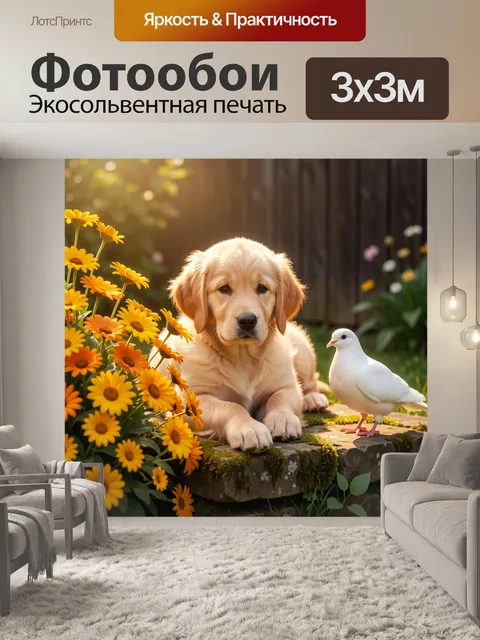 Фотообои Щенок с голубем среди цветов