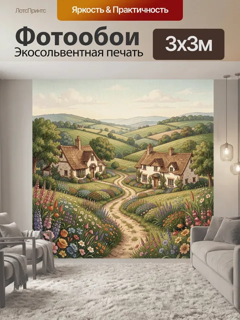 Фотообои Деревенские домики среди цветов