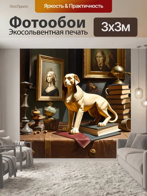 Фотообои художественный натюрморт впечатляющего сфинкса среди различных предметов: книг, картин и старины