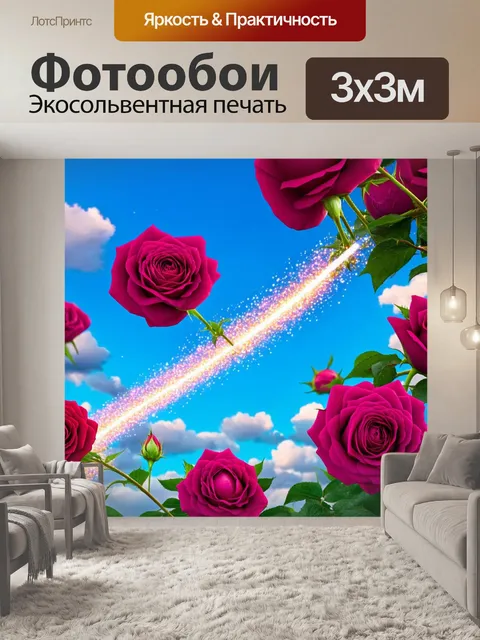 Фотообои розы в стиле сюрреализм, где цветы словно взлетают в небо, оставляя за собой следы из звездной пыли