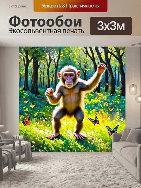 Фотообои на живописном фоне лесной поляны, весёлая макака резус танцует, а вокруг неё в воздухе парят бабочки