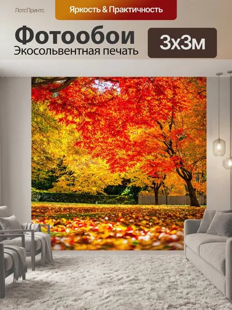 Фотообои осенний парк с яркими красными и жёлтыми листьями