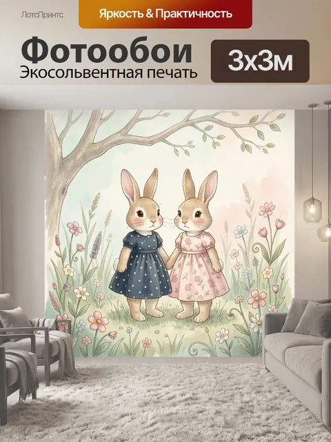 Фотообои Два кролика в цветочном саду