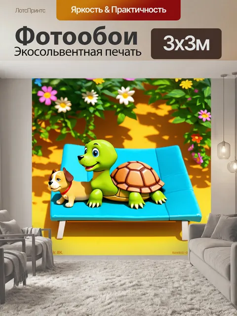 Фотообои мультяшная сцена, где черепашка играет в солярий с собаку, на фоне веселых цветов, выполненная в ярком и…