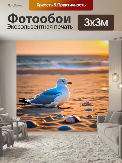 Фотообои чайка, сидящая на берегу, песок под ее ногами, ракушки вокруг, закат на фоне, теплые тона