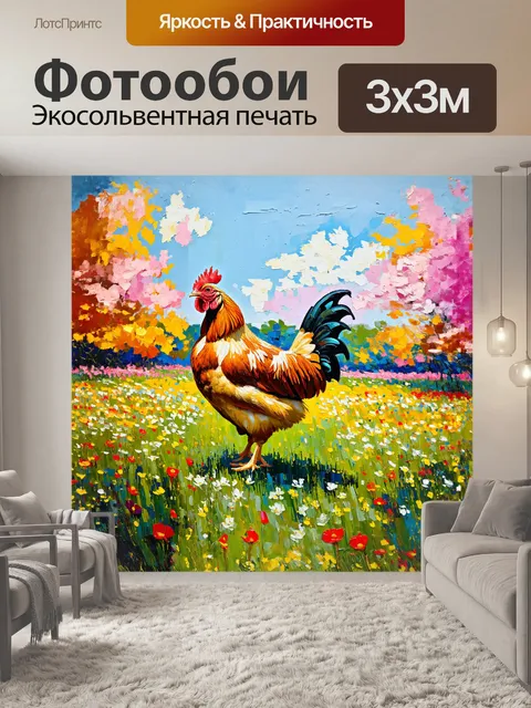 Фотообои в центре композиции находится курица с ярким оперением