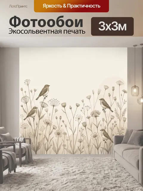Фотообои Полевые цветы и птицы на бежевом