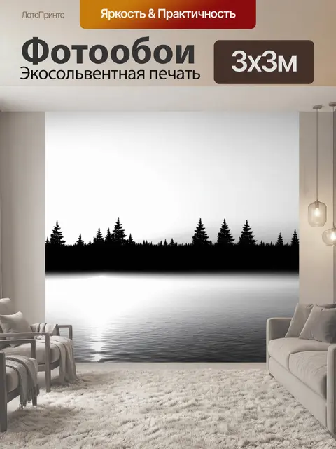 Фотообои минималистический черно-белый пейзаж с силуэтами деревьев на фоне заката