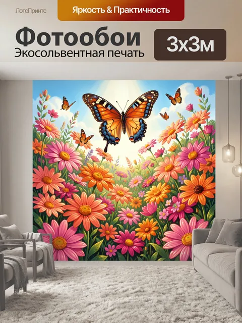 Фотообои Бабочка над цветущим лугом