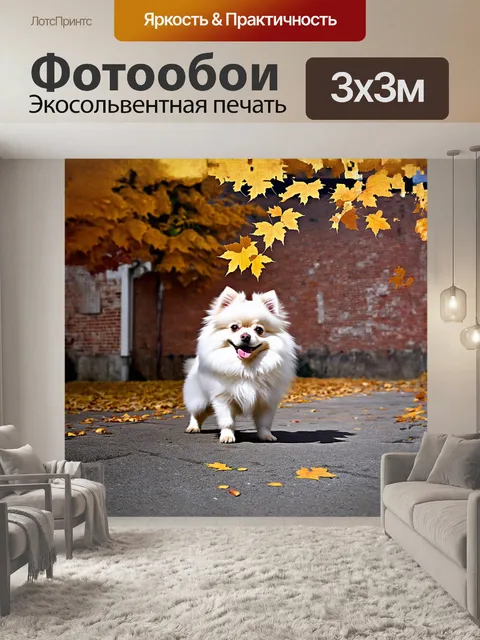 Фотообои белый померанский шпиц стоит на фоне старинного кирпичного здания