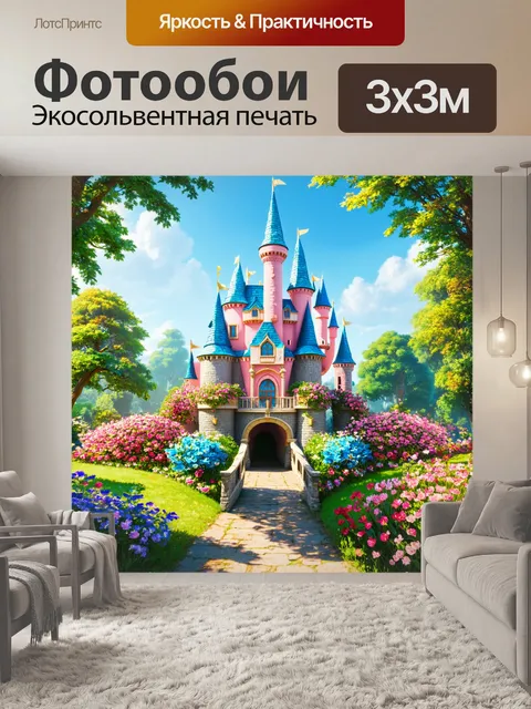 Фотообои светлый фон, сказочный замок с мостом и цветущими садками вокруг