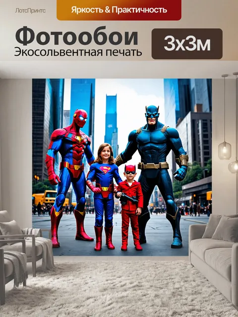 Фотообои семейство супергероев, сражающееся с злодеем в мегаполисе