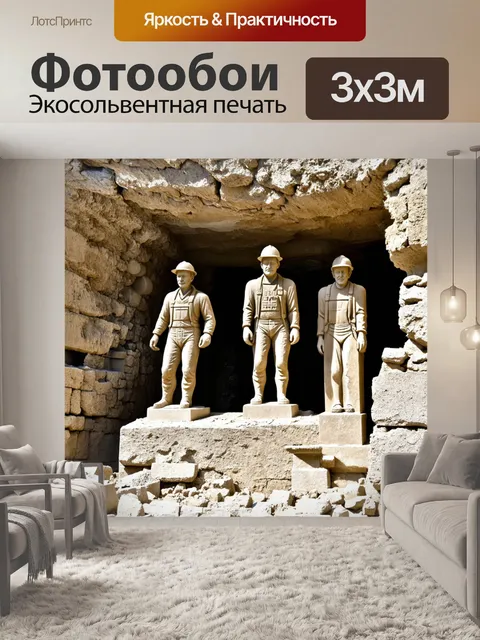 Фотообои статуи горняков, высеченные из камня, стоят среди руин старой шахты, символизируя труд и преданность