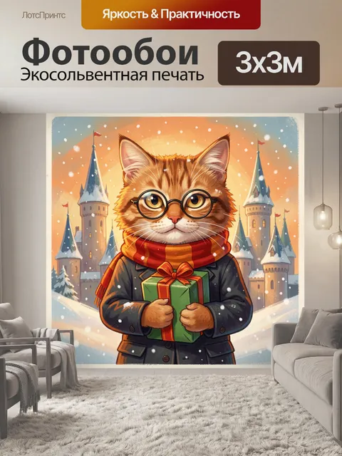 Фотообои Кот в очках с подарком