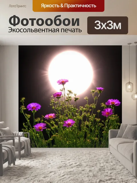 Фотообои цветы в стиле тёмное фэнтези, на фоне затмения с яркими вспышками света и контрастирующими тенями
