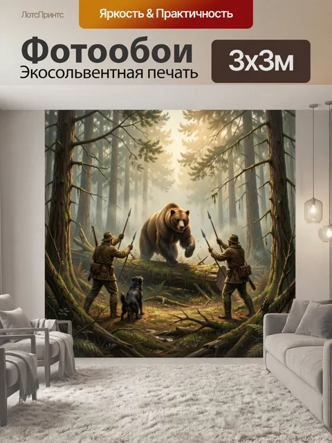 Фотообои Медведь в лесу с охотниками