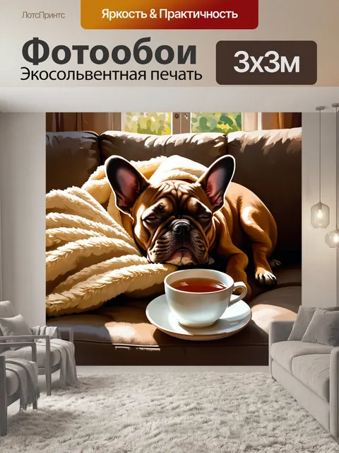 Фотообои создайте сцену, где французский бульдог уютно спит на диване, завернутый в теплый плед, рядом с чашкой чая
