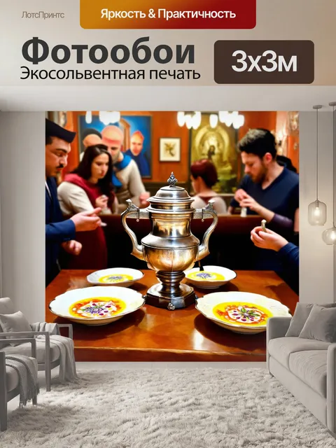 Фотообои россия самовар, стоящий на столе в современном русском кафе, окружённый артистичными блюдами и людьми…