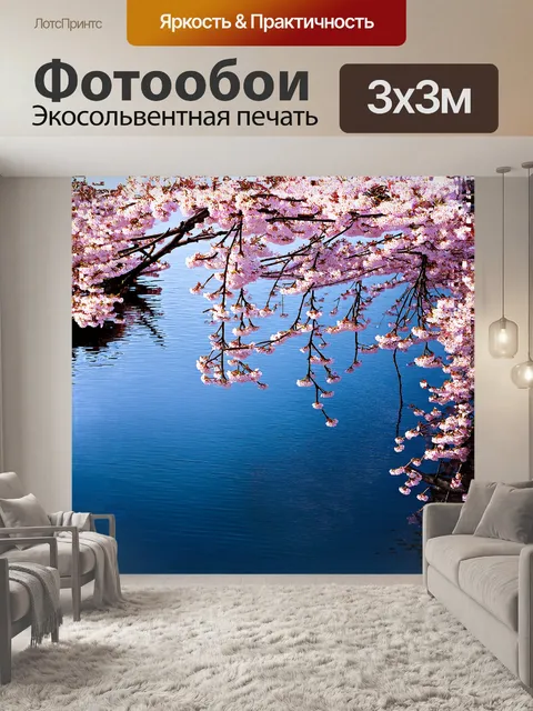 Фотообои сакура в вечернем свете, отражается в тихом пруду, создавая асимметричный и гармоничный природный пейзаж