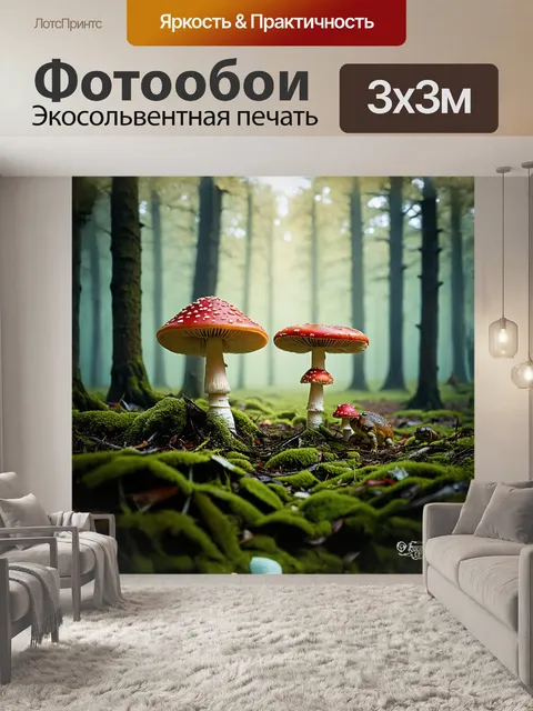 Фотообои **поганки и красный мухомор в туманном лесу**